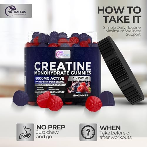 Gomitas de Creatina Monohidratada NUTRAFLUS – Sabor a Berries – 120 Piezas de Suplementos Pre Entreno con BCAA, Taurina y Vitamina B12 para Aumentar - imagen 5