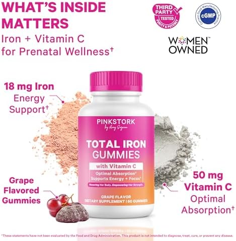 Gomitas de Hierro Prenatal Pink Stork para Mujeres - 20 mg con Vitamina C - Sabor Uva para Deficiencia, Energía y Formación de Sangre - 60 Gomitas - imagen 2
