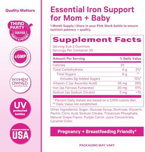 Gomitas de Hierro Prenatal Pink Stork para Mujeres - 20 mg con Vitamina C - Sabor Uva para Deficiencia, Energía y Formación de Sangre - 60 Gomitas - imagen 6