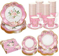 TWOWYHI 136 Piezas de Suministros para Fiesta de Té Floral para 25 Tazas de Té con Asa, Platos de Papel Florales Desechables de 9” y 7”, Juegos de - imagen 1