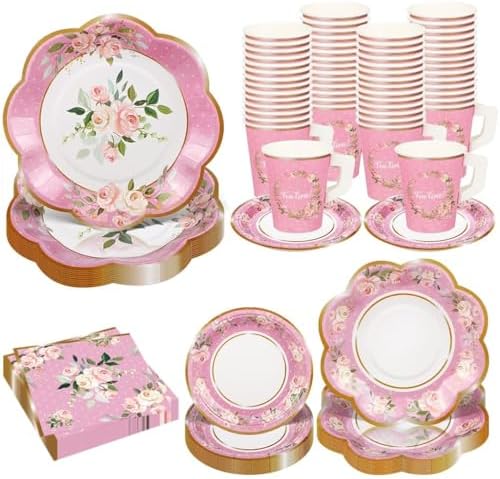 TWOWYHI 136 Piezas de Suministros para Fiesta de Té Floral para 25 Tazas de Té con Asa, Platos de Papel Florales Desechables de 9” y 7”, Juegos de - imagen 1