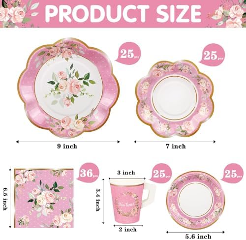 TWOWYHI 136 Piezas de Suministros para Fiesta de Té Floral para 25 Tazas de Té con Asa, Platos de Papel Florales Desechables de 9” y 7”, Juegos de - imagen 2