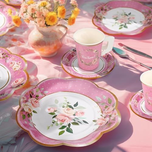 TWOWYHI 136 Piezas de Suministros para Fiesta de Té Floral para 25 Tazas de Té con Asa, Platos de Papel Florales Desechables de 9” y 7”, Juegos de - imagen 3