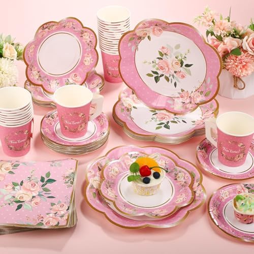 TWOWYHI 136 Piezas de Suministros para Fiesta de Té Floral para 25 Tazas de Té con Asa, Platos de Papel Florales Desechables de 9” y 7”, Juegos de - imagen 4