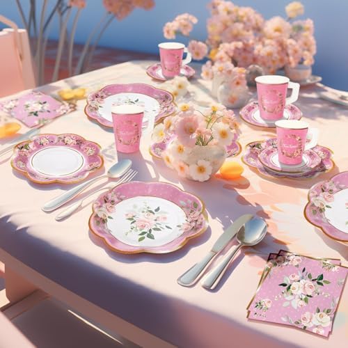 TWOWYHI 136 Piezas de Suministros para Fiesta de Té Floral para 25 Tazas de Té con Asa, Platos de Papel Florales Desechables de 9” y 7”, Juegos de - imagen 5