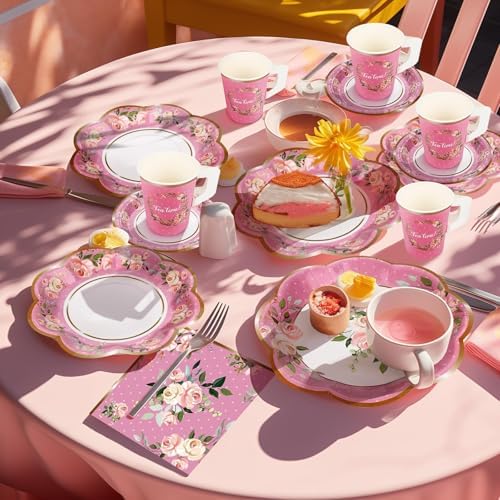 TWOWYHI 136 Piezas de Suministros para Fiesta de Té Floral para 25 Tazas de Té con Asa, Platos de Papel Florales Desechables de 9” y 7”, Juegos de - imagen 7