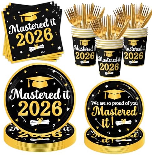 Decoraciones de Graduación Clase 2026, Platos, Servilletas y Vasos Desechables en Negro y Dorado para Fiesta de Graduación de Preparatoria y - imagen 1
