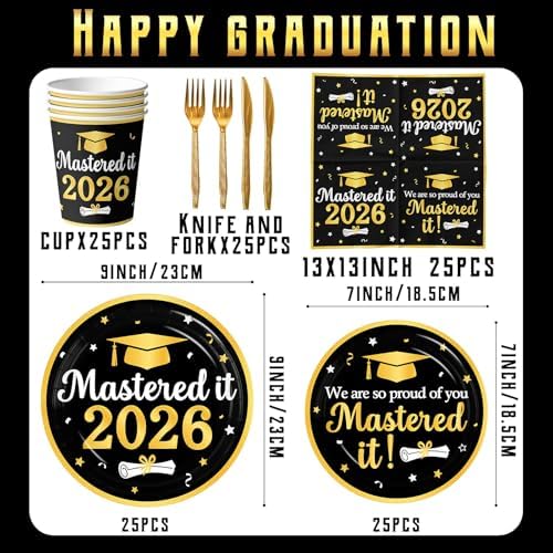 Decoraciones de Graduación Clase 2026, Platos, Servilletas y Vasos Desechables en Negro y Dorado para Fiesta de Graduación de Preparatoria y - imagen 2