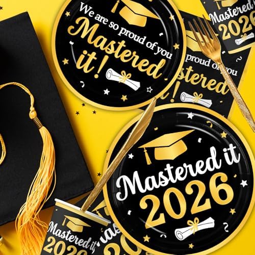 Decoraciones de Graduación Clase 2026, Platos, Servilletas y Vasos Desechables en Negro y Dorado para Fiesta de Graduación de Preparatoria y - imagen 3