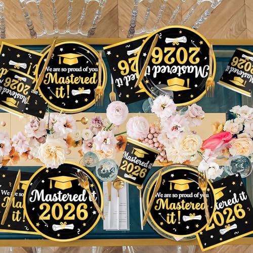 Decoraciones de Graduación Clase 2026, Platos, Servilletas y Vasos Desechables en Negro y Dorado para Fiesta de Graduación de Preparatoria y - imagen 4