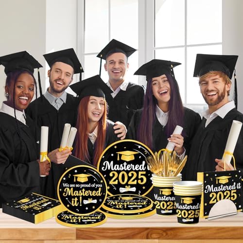 Decoraciones de Graduación Clase 2026, Platos, Servilletas y Vasos Desechables en Negro y Dorado para Fiesta de Graduación de Preparatoria y - imagen 5