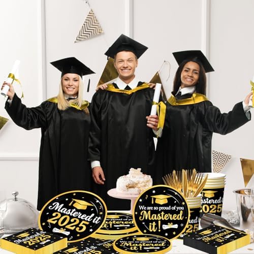 Decoraciones de Graduación Clase 2026, Platos, Servilletas y Vasos Desechables en Negro y Dorado para Fiesta de Graduación de Preparatoria y - imagen 6