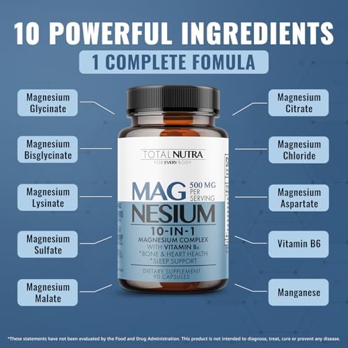 Suplemento de Magnesio 10 en 1 500 mg | Complejo de Magnesio de Alta Absorción con Mag Glicinato, Citrato, Vitamina B6 para Sueño, Músculos, Huesos y - imagen 2