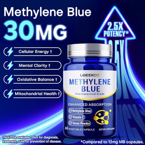 Cápsulas de Azul de Metileno UBEEKOO 30mg, Suplemento Farmacéutico con Vitamina C y Cacao Orgánico, 60 Cápsulas Veganas - imagen 2