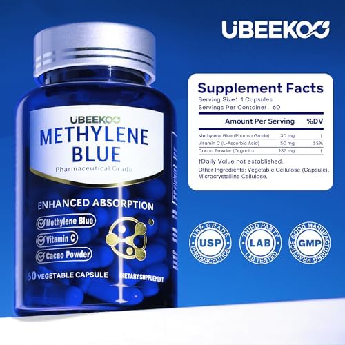 Cápsulas de Azul de Metileno UBEEKOO 30mg, Suplemento Farmacéutico con Vitamina C y Cacao Orgánico, 60 Cápsulas Veganas - imagen 7