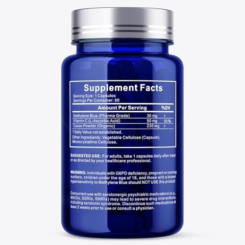 Cápsulas de Azul de Metileno UBEEKOO 30mg, Suplemento Farmacéutico con Vitamina C y Cacao Orgánico, 60 Cápsulas Veganas - imagen 8