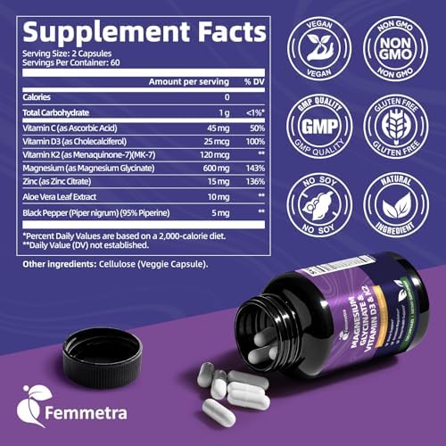 Suplemento de Magnesio Glicinato Femmetra 600mg con Vitamina D3, K2, C, Zinc y Aloe Vera - Soporte Óseo, Energía, Ánimo y Sueño para Hombres y - imagen 2