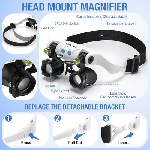 Lentes de aumento COYLAPY para trabajo cercano, con luz y 7 lentes intercambiables (3X 5X 6X 7X 10X 13X 16X), lupa de cabeza para reparación de - imagen 2