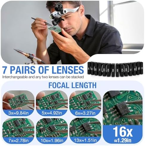 Lentes de aumento COYLAPY para trabajo cercano, con luz y 7 lentes intercambiables (3X 5X 6X 7X 10X 13X 16X), lupa de cabeza para reparación de - imagen 3