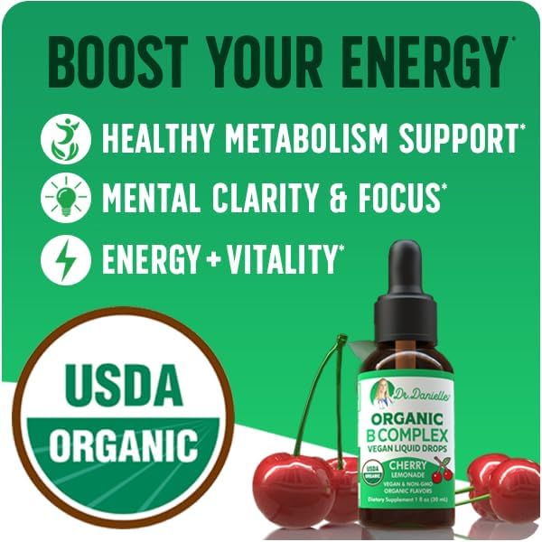 Gotas Líquidas de Complejo de Vitaminas B Orgánicas | Suplemento de Vitaminas B con B3, B6, B7, B9 y Methyl B12 para Adultos y Niños | Sabor a Cereza - imagen 2