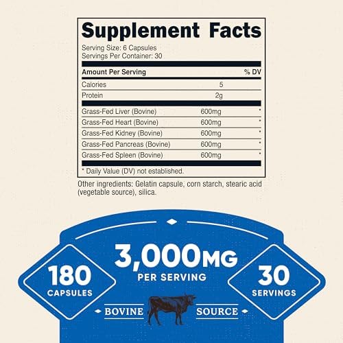Suplemento de Órganos de Res Alimentada con Pasto Nutricost (3,000mg) 180 Cápsulas - Complejo de Órganos Bovina Deshidratada, Sin GMO, Sin Gluten, 30 - imagen 2