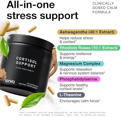 Suplemento de Cortisol para Hombres y Mujeres — Calmante, Equilibrado 5 en 1 No Somnoliento, Probado por Terceros con Magnesio Glicinato, - imagen 4