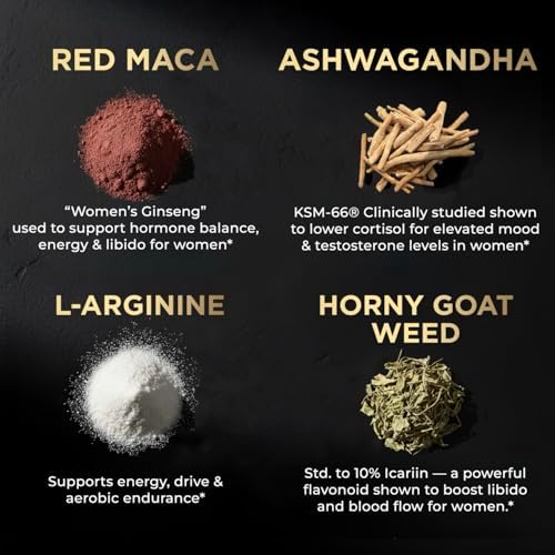 Suplemento Potente para la Libido Femenina con 30x Fuerza de Raíz de Maca Roja, KSM66® Ashwagandha, Hierba de Cabra Apasionada y Damiana - 100% Maca - imagen 4