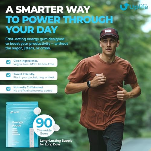 Goma UPLIFE Energía y Enfoque 90 Piezas – Hecha en EE. UU. – Goma Nootrópica con Cafeína Natural – Alternativa al Café Orgánica con 40mg de Cafeína + - imagen 2