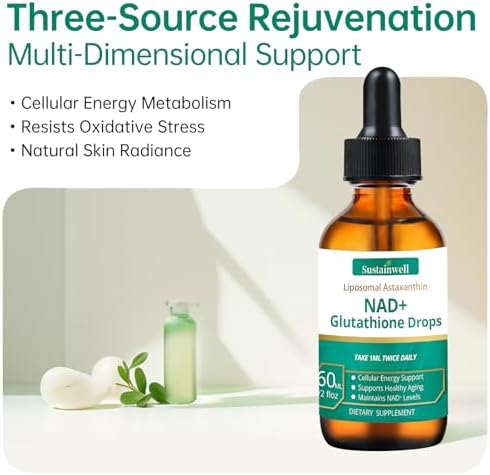 SustainWell Gotas Líquidas de NAD+ y Glutatión con Astaxantina Liposomal - Energía Celular, Antioxidantes, Envejecimiento Saludable - Absorción - imagen 2
