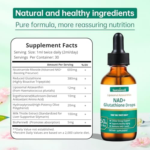 SustainWell Gotas Líquidas de NAD+ y Glutatión con Astaxantina Liposomal - Energía Celular, Antioxidantes, Envejecimiento Saludable - Absorción - imagen 7
