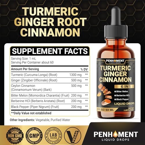 Penhoment Extracto Líquido de Cúrcuma 6 en 1 con Jengibre, Berberina, Canela de Ceilán, Melón Amargo y Pimienta Negra - 2FL oz - 60 Porciones - imagen 2