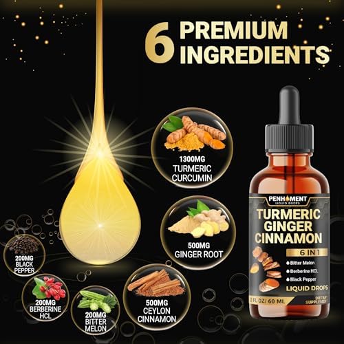 Penhoment Extracto Líquido de Cúrcuma 6 en 1 con Jengibre, Berberina, Canela de Ceilán, Melón Amargo y Pimienta Negra - 2FL oz - 60 Porciones - imagen 3