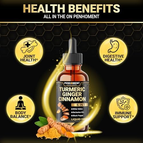 Penhoment Extracto Líquido de Cúrcuma 6 en 1 con Jengibre, Berberina, Canela de Ceilán, Melón Amargo y Pimienta Negra - 2FL oz - 60 Porciones - imagen 4