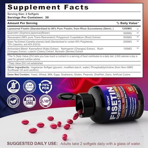 Suplemento LILICARE de Fisetina - Absorción Liposomal 98% Pura 1200mg con Quercetina, Resveratrol y Extracto de Té Verde para el Envejecimiento - imagen 2