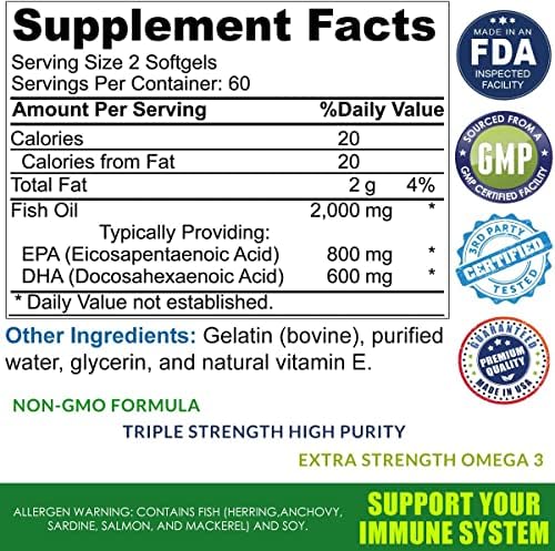 Suplemento de Aceite de Pescado Omega 3 – 2000mg con EPA DHA y Vitamina E – Sin Eructos, Triple Fuerza para Hombres y Mujeres – 120 Cápsulas Blandas - imagen 3