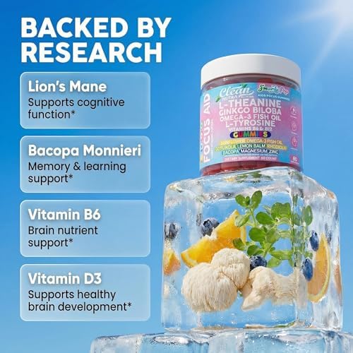 Gomitas Clean Nutra Kids Focus con L-Theanine, Ginkgo Biloba, Omega-3, L-Tirosina, Vitaminas B6 y B12 - 60 piezas, fórmula SmartyPop vegana y no GMO - imagen 3