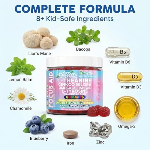 Gomitas Clean Nutra Kids Focus con L-Theanine, Ginkgo Biloba, Omega-3, L-Tirosina, Vitaminas B6 y B12 - 60 piezas, fórmula SmartyPop vegana y no GMO - imagen 4
