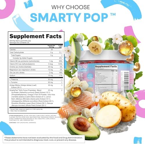 Gomitas Clean Nutra Kids Focus con L-Theanine, Ginkgo Biloba, Omega-3, L-Tirosina, Vitaminas B6 y B12 - 60 piezas, fórmula SmartyPop vegana y no GMO - imagen 5