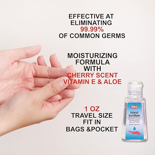Desinfectante de Manos SIPA Bulk con Aroma a Cereza, Tamaño Viaje 1 oz, Botella con Tapón, Fórmula con Vitamina E, 2 Llavero Gratis (Paquete de 24) - imagen 4