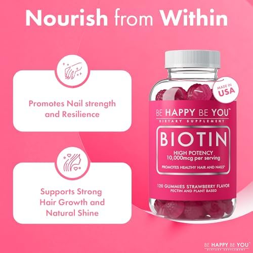 Gomitas de Biotina Be Happy Be You 10,000mcg – 120 piezas – Apoya el cabello saludable y uñas fuertes – Suplemento vegano y libre de gelatina – Hecho - imagen 2