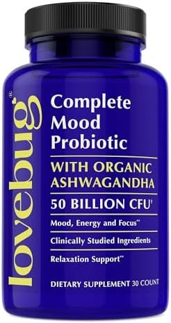 LOVEBUG Probiótico Completo para el Ánimo | 10 Cepas Probioticas Estudiadas Clínicamente & Ashwagandha Orgánica Patente | Soporte de Cortisol y - imagen 1