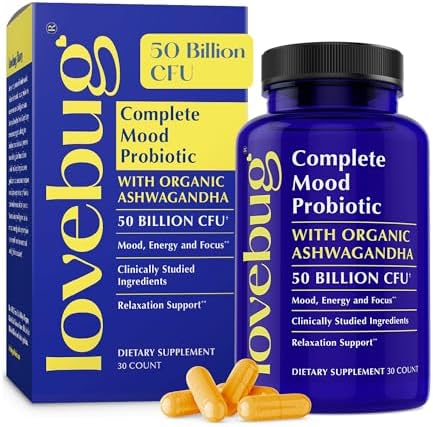 LOVEBUG Probiótico Completo para el Ánimo | 10 Cepas Probioticas Estudiadas Clínicamente & Ashwagandha Orgánica Patente | Soporte de Cortisol y - imagen 2