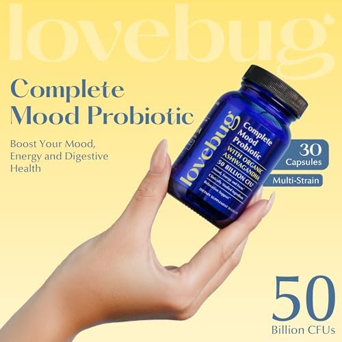 LOVEBUG Probiótico Completo para el Ánimo | 10 Cepas Probioticas Estudiadas Clínicamente & Ashwagandha Orgánica Patente | Soporte de Cortisol y - imagen 3