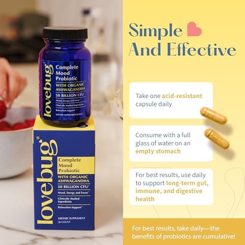 LOVEBUG Probiótico Completo para el Ánimo | 10 Cepas Probioticas Estudiadas Clínicamente & Ashwagandha Orgánica Patente | Soporte de Cortisol y - imagen 7