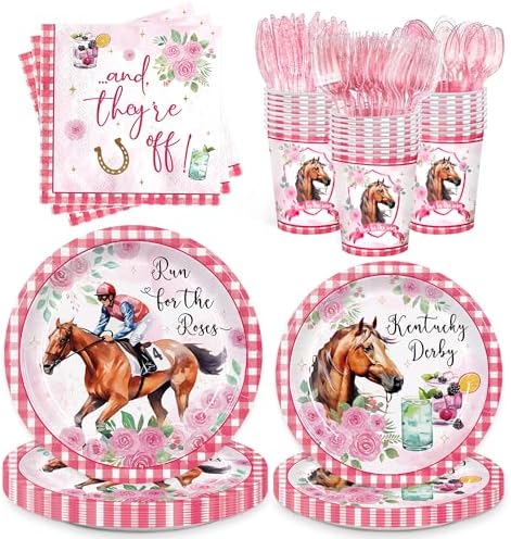Set de Suministros para Fiesta Derby Mirzophel de 168 Piezas: Platos, Servilletas y Vasos Desechables para 24 Invitados - Decoraciones Temáticas de - imagen 1