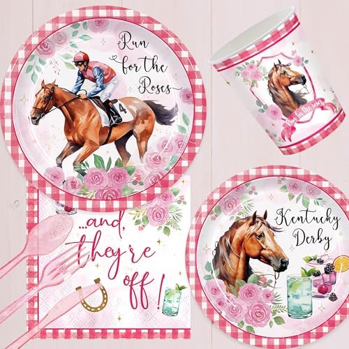 Set de Suministros para Fiesta Derby Mirzophel de 168 Piezas: Platos, Servilletas y Vasos Desechables para 24 Invitados - Decoraciones Temáticas de - imagen 2