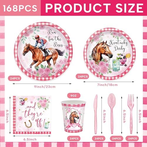 Set de Suministros para Fiesta Derby Mirzophel de 168 Piezas: Platos, Servilletas y Vasos Desechables para 24 Invitados - Decoraciones Temáticas de - imagen 3