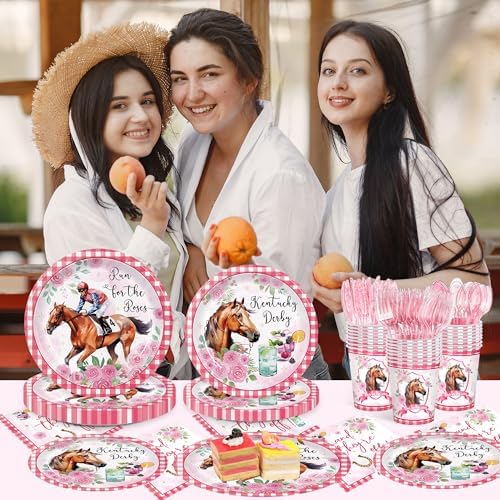 Set de Suministros para Fiesta Derby Mirzophel de 168 Piezas: Platos, Servilletas y Vasos Desechables para 24 Invitados - Decoraciones Temáticas de - imagen 7