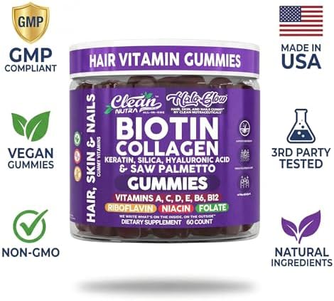 Gomitas de Biotina Clean Nutra | Suplemento de Vitaminas para el Crecimiento del Cabello, Piel y Uñas - Colágeno, Ácido Hialurónico, Queratina - 60 - imagen 8