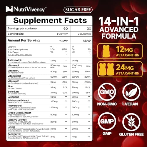 Gomitas de Astaxantina 12mg, Suplementos Antioxidantes 14 en 1 con Vitaminas A/C/D/E y Resveratrol, Sin Azúcar, Veganas, 60 Piezas - imagen 2